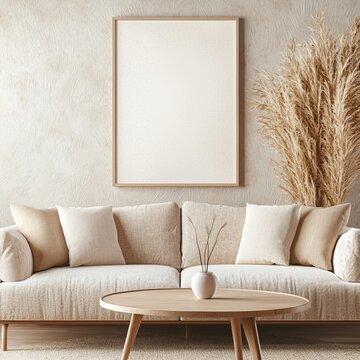 A Scandinavian-style interior featuring a sofa is the setting for a mock poster, presented in a 3D rendering