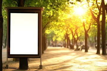Poster - A city bus stop featuring a blank poster mock-up inside; an informational banner template situated within a municipal transportation stop on the sidewalk; a vertical empty billboard placeholder on