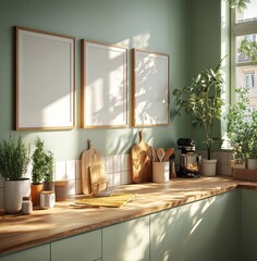 Fototapete - Create a mock poster frame within a Scandinavian-style kitchen setting, generated in 3D