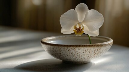 Sticker - Delicate white orchid blooms in rustic bowl