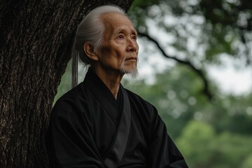 Elderly man in traditional attire reflects under a tree in a serene park setting during the late afternoon