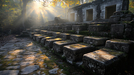 Poster - Ancient ruins illuminated by sunlight in a forest setting