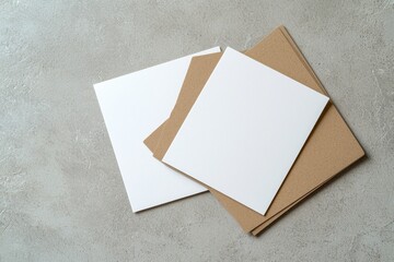 Poster - On a neutral light grey concrete background, two empty white rectangle poster mockups, one oriented vertically and the other horizontally, are presented with soft shadows in a flat lay, top view