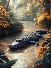 Wall Mural - Majestic alligator rests in tranquil jungle stream