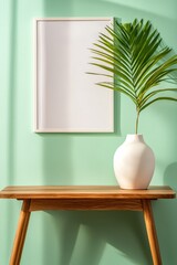 Wall Mural - Ready to use, this template features a modern Scandinavian dining room interior with a wooden table, stylish furniture, a mock-up poster frame, cups of coffee, a vase of flowers, and refined