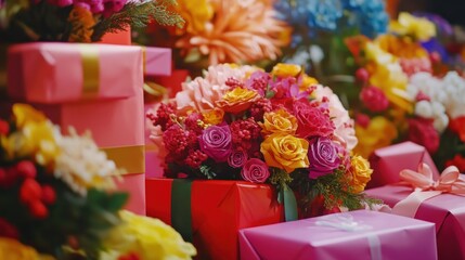 Colorful flower bouquet, gifts, market stall