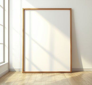 A 3D rendered minimalist interior includes a vertical wooden frame mockup with a wooden frame poster, placed on a beige floor and set against a background of a beige wall