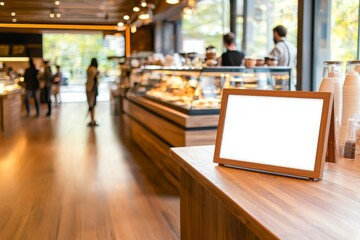 Poster - a white poster mockup with a black frame is positioned in front of a blurred restaurant or cafe back