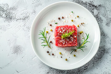 Wall Mural - Steak tartar on modern white plate on white marble