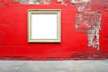 Wall Mural - A minimalist mockup featuring a hanging vertical wooden frame for a poster or photo set against a brick wall backdrop