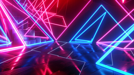 Poster - Abstract Neon Background with Glowing Blue, Red, and Pink Triangles Forming Dynamic Geometric Shapes. Modern Wallpaper Design with Ultraviolet Lighting and Laser Effects, Creating an Ultra-Realistic N