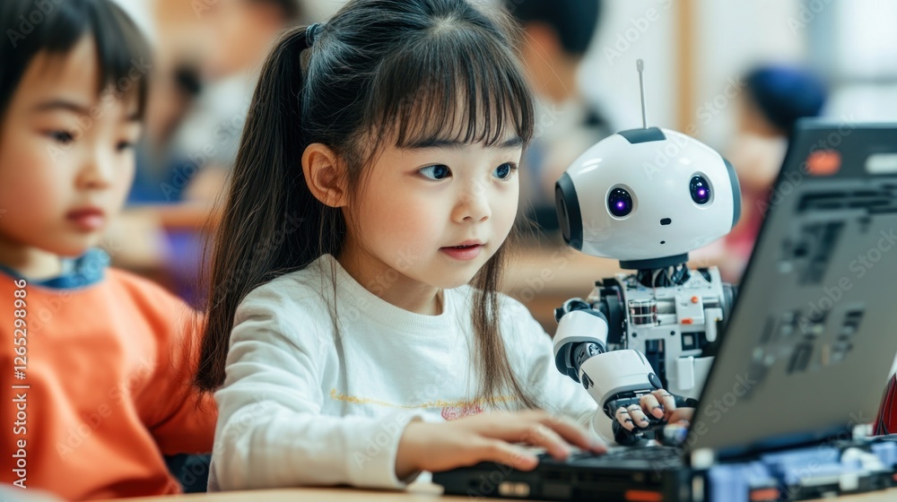 Young Girl Learning Coding with Her Robot Friend in a Classroom Setting ...