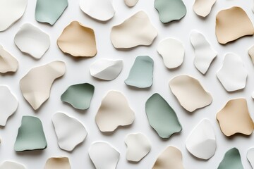 Fototapete - Minimalist flat lay of abstract shapes in white, beige, and green on white surface.