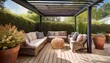 © Samantha - a cozy backyard patio with wicker furniture potted plants and a shaded pergola perfect for summer relaxation