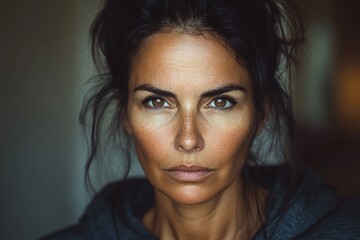 Poster - Intense portrait of a woman with striking features and deep gaze captured in soft light