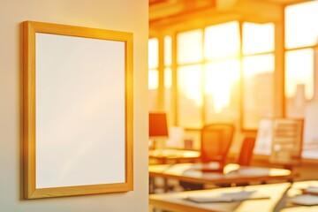Poster - A blank white poster is visible in the office at sunrise, serving as a mock up