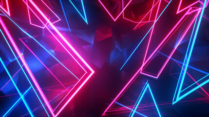 Poster - Abstract Neon Background with Glowing Blue, Red, and Pink Triangles Forming Dynamic Geometric Shapes. Modern Wallpaper Design with Ultraviolet Lighting and Laser Effects, Creating an Ultra-Realistic N