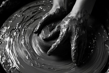 Artisan hands masterfully shaping and molding clay on a spinning pottery wheel in a dimly lit studio, creating ceramic art.