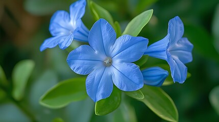 Canvas Print - Blue flowers blooming in garden, green background, nature photography, for website design