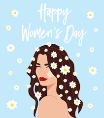 Wall Mural - Illustration of a girl with daisies on a light blue background. Greeting card for women's day.