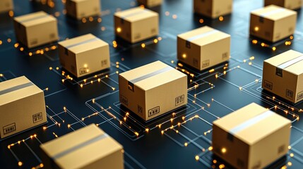 Network of connected cardboard boxes on digital circuit background
