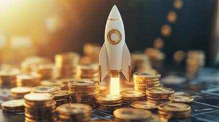 Poster - Rocket Launch Among Stacks of Golden Coins and Financial Charts