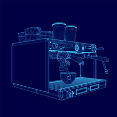 Poster - A blue drawing of a coffee machine. The machine has a handle