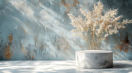 Poster - Concrete podium, pampas grass, sunlit studio backdrop