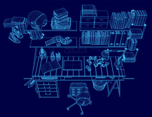 Poster - A blue drawing of a desk with a chair and a computer. The desk is cluttered with books, a keyboard, and a mouse