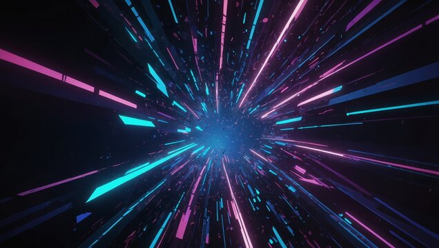A dynamic composition of abstract futuristic shapes with glowing neon edges in blue and purple