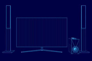Poster - A blue image of a television, speaker, and table. The television is on the left side of the image, the speaker is on the right side, and the table is in the middle