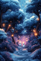 Sticker - Enchanting snowmen dance in a glowing winter forest.