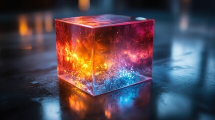 Poster - Luminous cube glows vibrant orange blue.