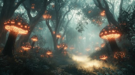 Wall Mural - Glowing mushrooms illuminate mystical forest path