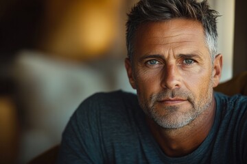 Wall Mural - Portrait of a mature man with striking blue eyes and a contemplative expression indoors