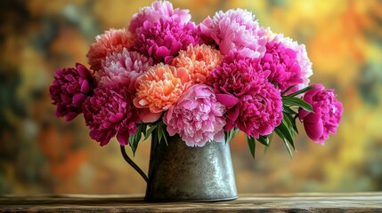 Sticker - Vibrant pink peony bouquet rustic metal vase