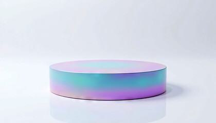 Poster - Minimalist pastel podium with soft pink and blue lighting, holographic empty showcase platform for product display