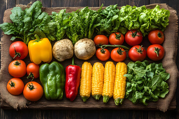 Wall Mural - Assortment Of Fresh Vegetables And Fruits On Wooden Board