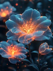 Wall Mural - Glowing teal flowers illuminate night garden.