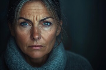 Aufkleber - Woman with expressive eyes and furrowed brow poses in soft lighting, highlighting emotion and depth