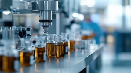 Poster - Advanced Petrochemical Manufacturing Process in Industrial Laboratory Showcasing Glass Bottles with Chemical Liquids on Modern Production Line