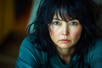 Mature woman with dark hair gazes thoughtfully while seated in a cozy indoor setting during the morning light