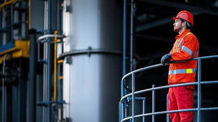 Poster - Industrial Worker on Balcony Overlooking Petrochemical Facility with Safety Gear in Professional Environment