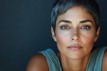 Leinwandbilder - Portrait of a woman with short hair and intense gaze, showcasing natural beauty and confidence in a simple setting
