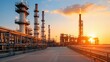 © Old Man Stocker - Industrial sunset over a petrochemical refinery with towering stacks and pipelines reflecting golden light in an expansive oil processing facility
