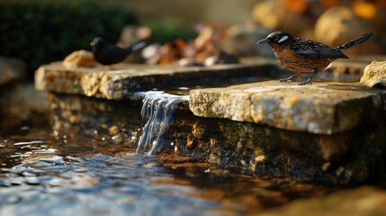 Wall Mural - Bird drinks from small stone fountain