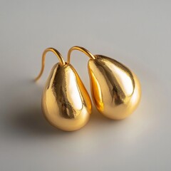 Wall Mural - Elegant teardrop gold earrings on grey background reflecting soft light