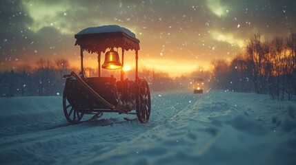 Sticker - Illuminated bell on snowy winter cart at sunset