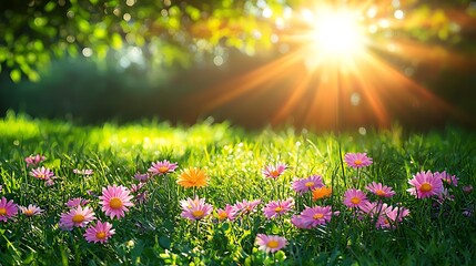 Canvas Print - Flowers blooming in grass field, sun rays on meadow. Background for springtime designs