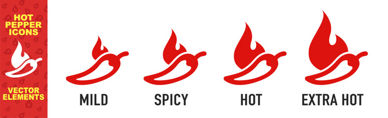 Wall Mural - Spicy chili pepper hot fire flame icons. Spice level marks: mild, spicy, hot and extra hot. Fire Chili logo symbol. Spice food symbol icon